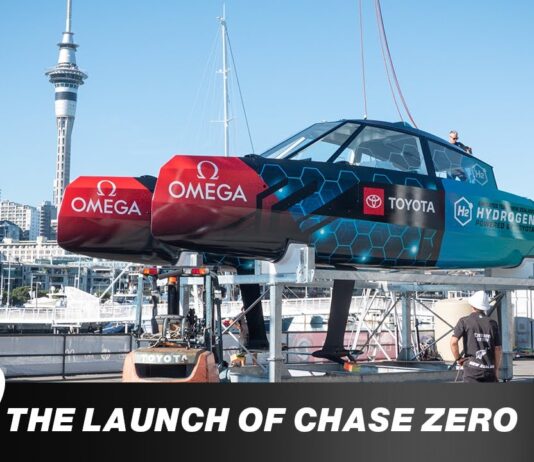 Emirates Team New Zealand launched their prototype hydrogen-powered foiling chase boat in Auckland today